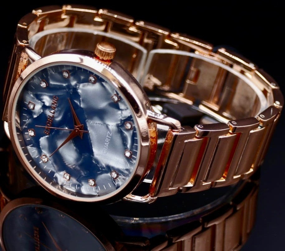 Excellanc Damen Armband Uhr Rosé Blau Weiß Farben Damenuhr Marmoroptik Stass TOP1