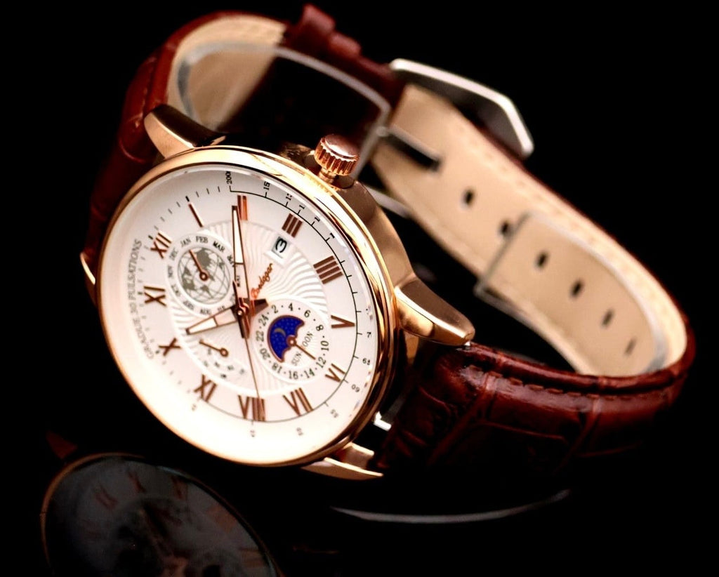 Edle Herren Männer Leder Armband Uhr Weiß Braun Farben Chrono Look Herrenuhr1