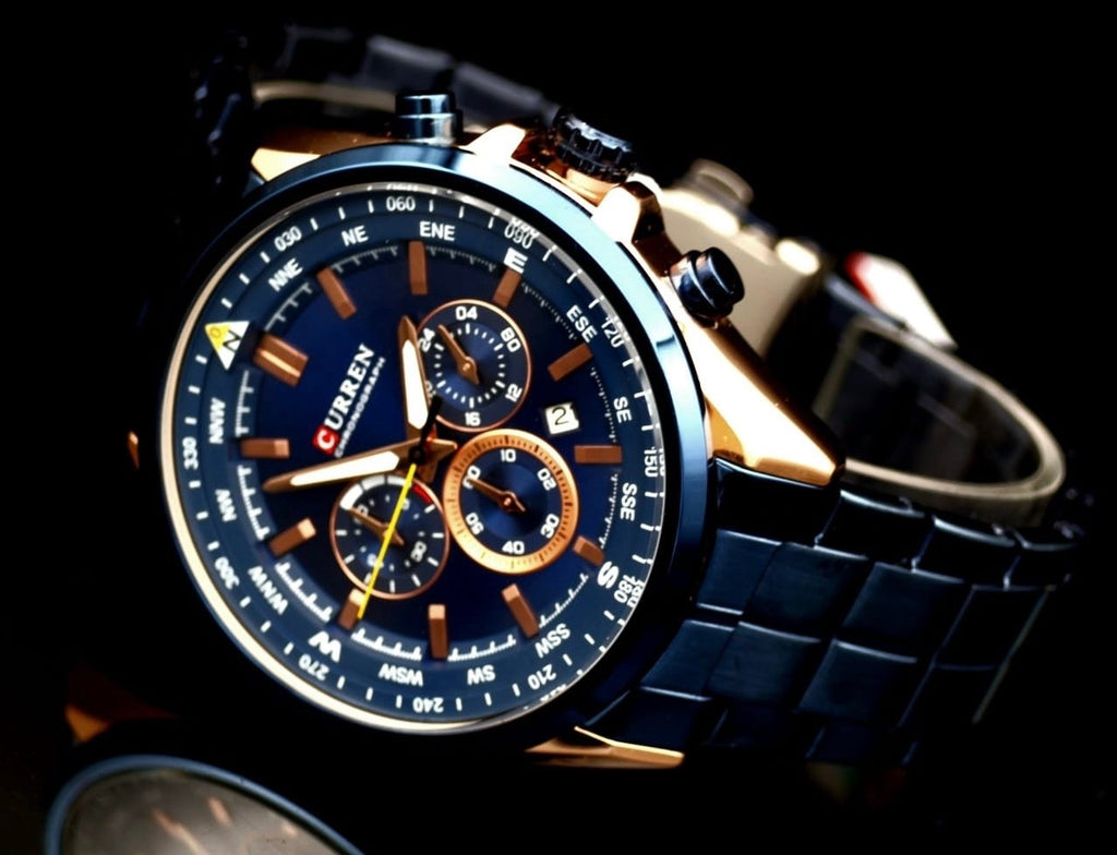 Herren Männer Armband Uhr Edelstahl Chronograph Stoppuhr Datum Blau Rosé Farben1