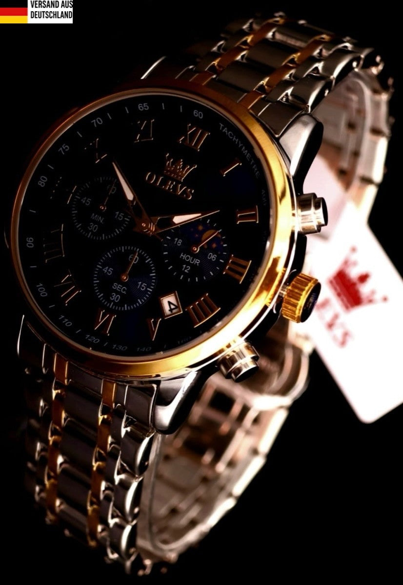 Herren Männer Armband Uhr Chronograph Stoppuhr Datum Schwarz Silber Gold Farben0