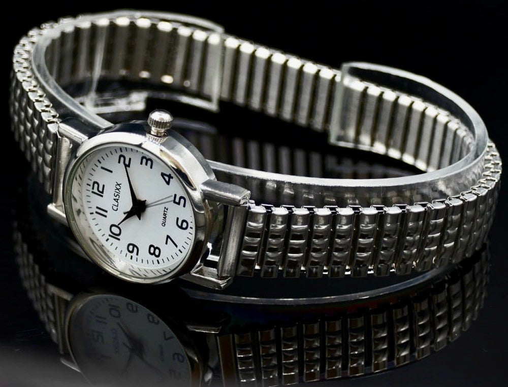 Classix Damen Frauen Armband Uhr Weiß Silber Farben Edelstahl Zugarmband Slim1