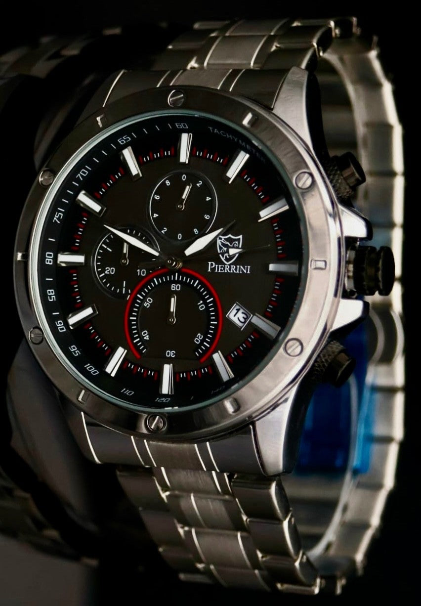 Pierrini Herren Armband Uhr Chronograph Stoppuhr Datum Schwarz Silber Farben **2