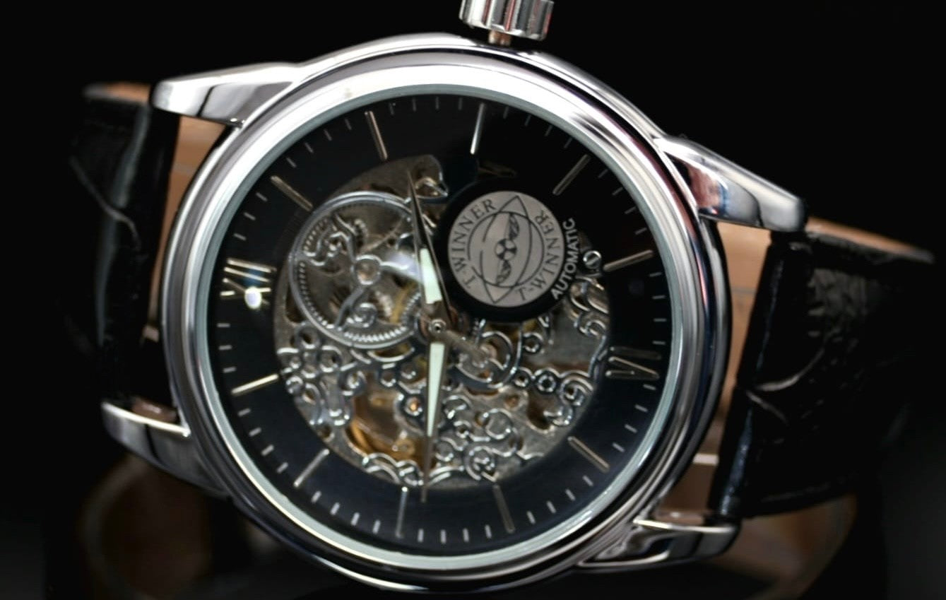 T-WINNER Herren Automatikuhr Silber Schwarz Skelett Uhr Lederarmban Luxus Design1