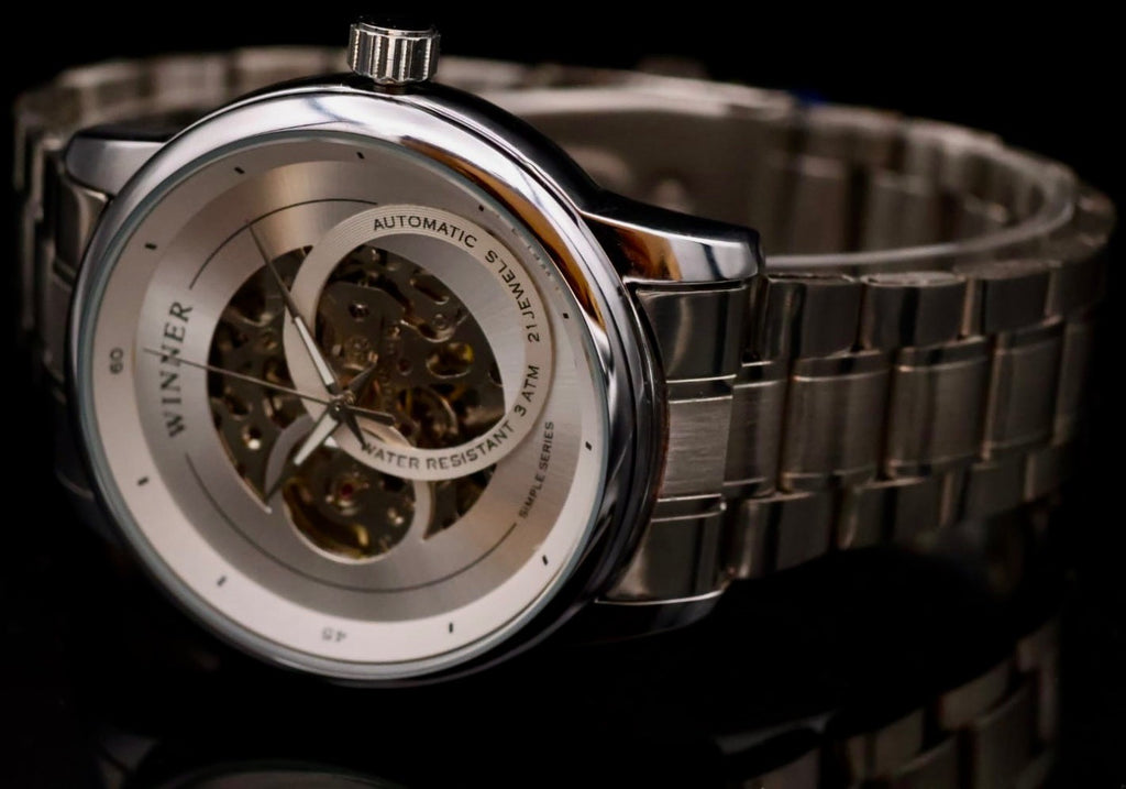 Luxus Winner Herren Armband Uhr Automatikuhr Weiß Silber Farben + offene Unruh1