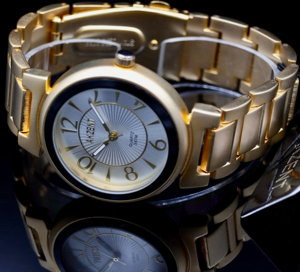 Schicke Akzent Damen Frauen Armband Uhr Weiß Gold Farben Damenuhr Mineralglas1