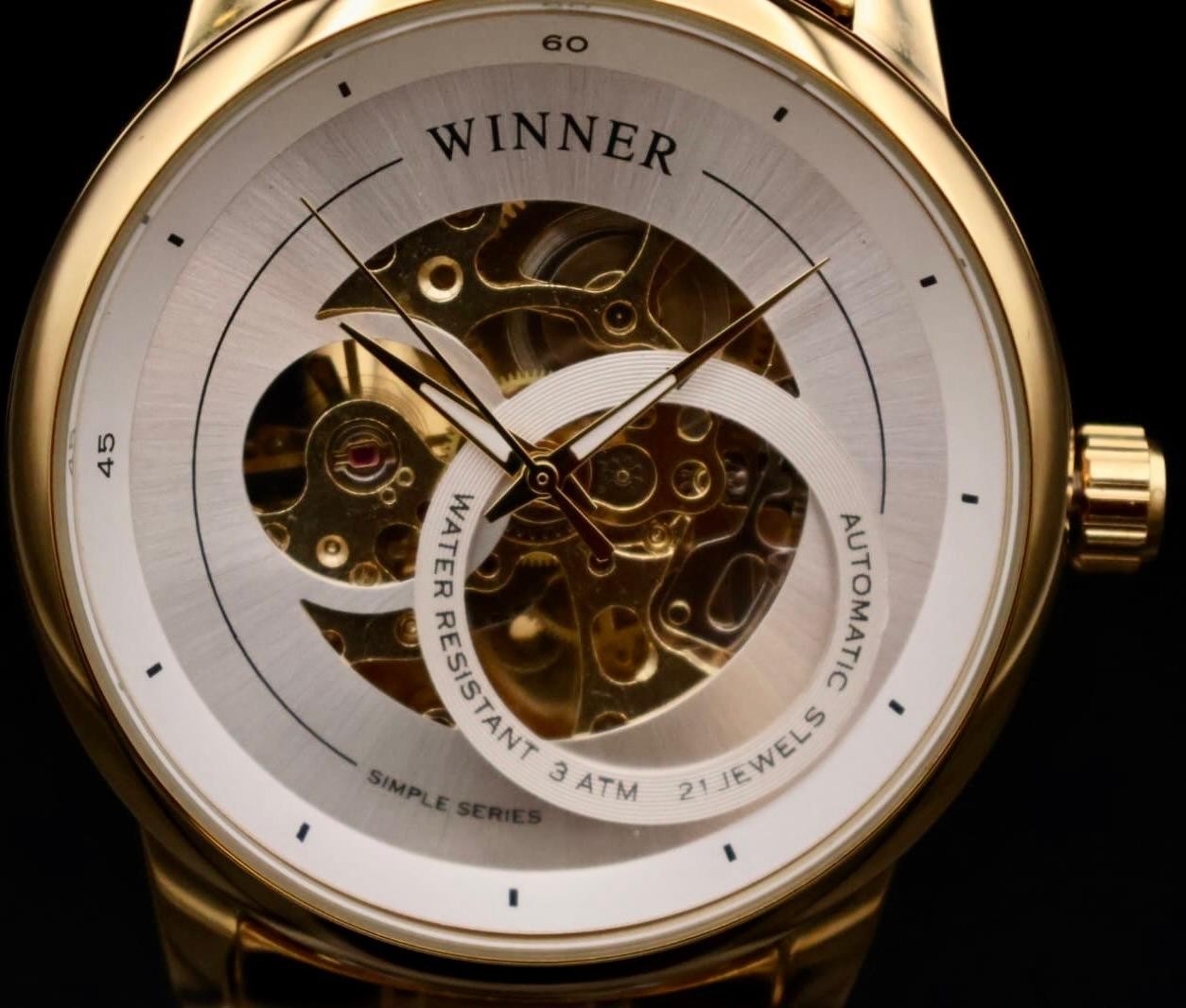 Luxus Winner Herren Armband Uhr Automatikuhr Weiß Gold Farben + offene Unruh2