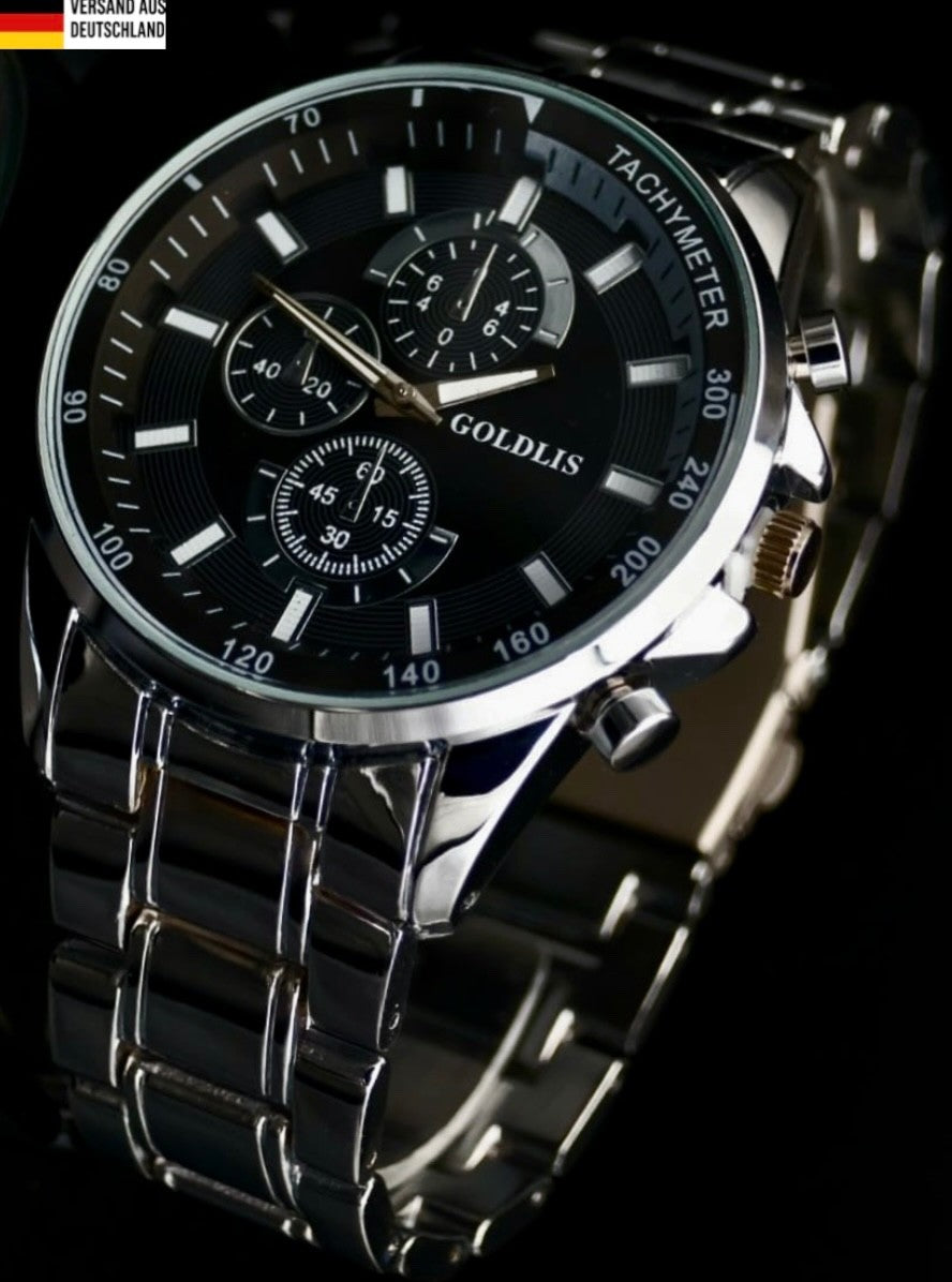 XL Herren Armband Männer Uhr  Schwarz Silber Farben Chrono Look Quarz *NEU * 780