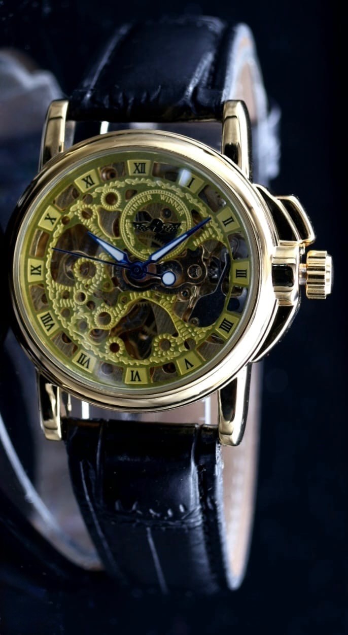 Winner Herren Automatikuhr Mechanisch Skelett Uhr Gold Schwarz Farben Leder1