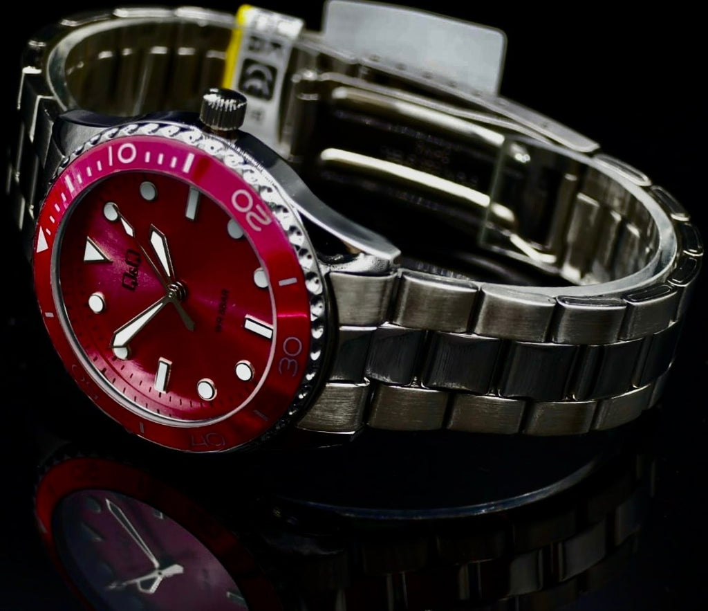 Q&Q Damen Frauen Edelstahl Armband Uhr Pink Silber Farben Damenuhr Mineralglas1