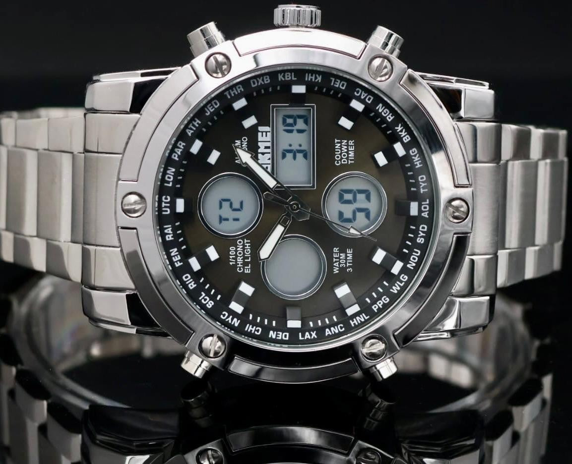 Digital & Analog Herren Männer Uhr Armbanduhr Sport Design Schwarz Silber 48mm1