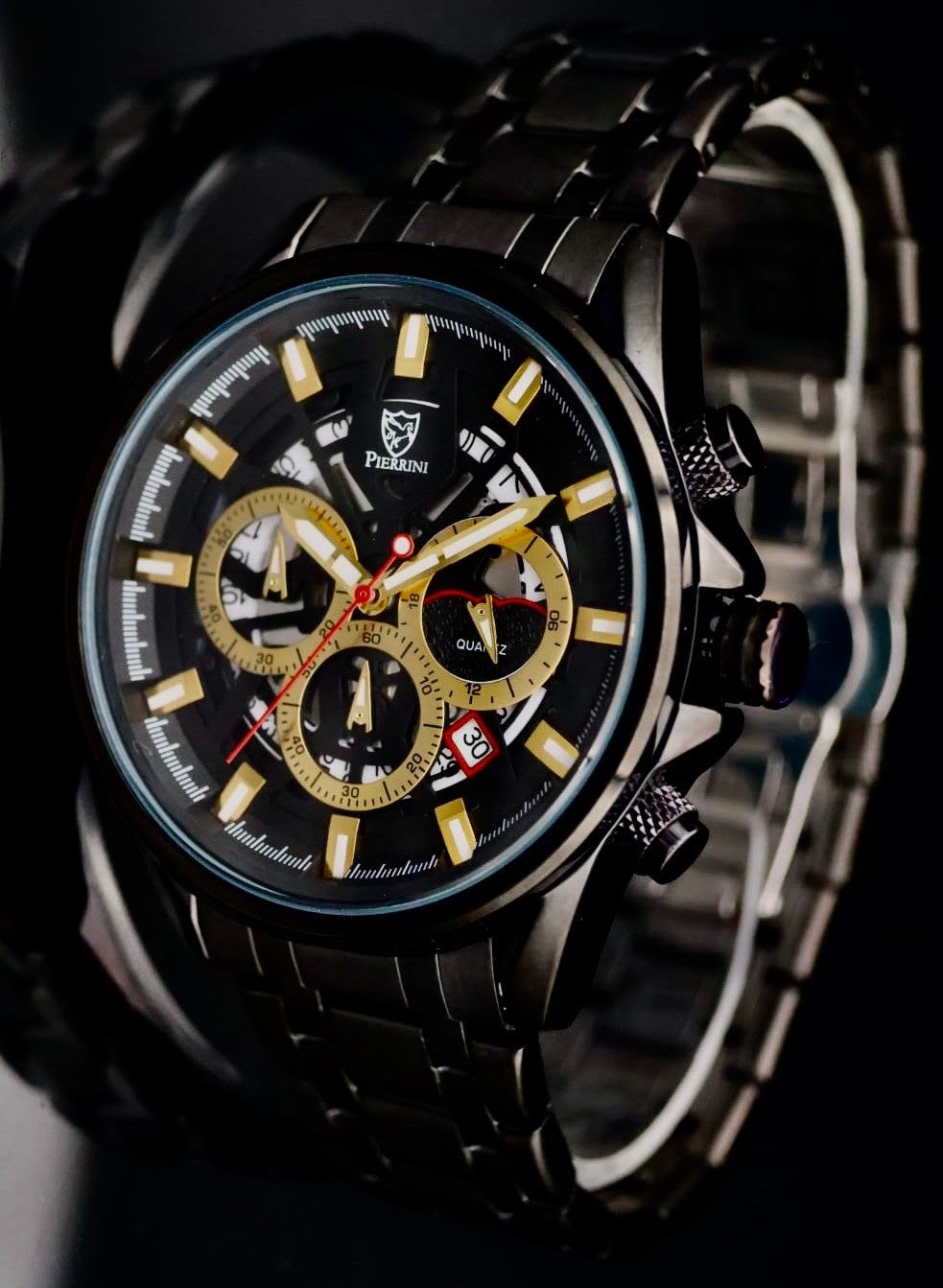Pierrini Herren Armband Uhr Chronograph Stoppuhr Datum Gold Keramik Farben NEU1