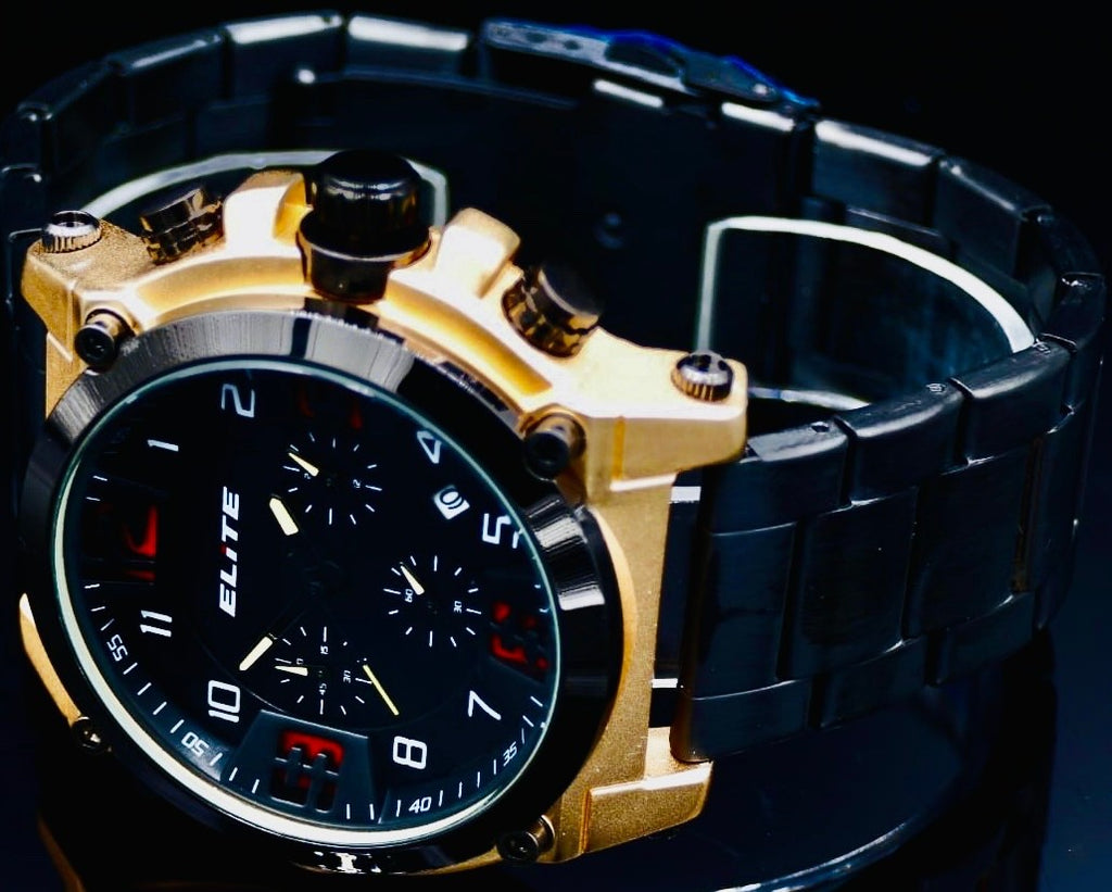 Edle Elite Herren Armband Uhr Chronograph Datum Schwarz Gold Farben1