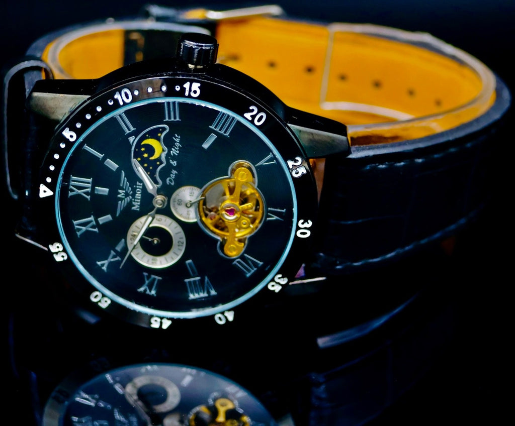 Minoir Herren Uhr Automatik Armbanduhr Herrenuhr Schwarz Farben mit Lederband1