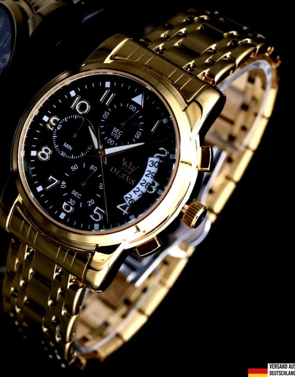 Herren Männer Armband Uhr Chronograph Stoppuhr Datum Schwarz Gold Farben NEU **0