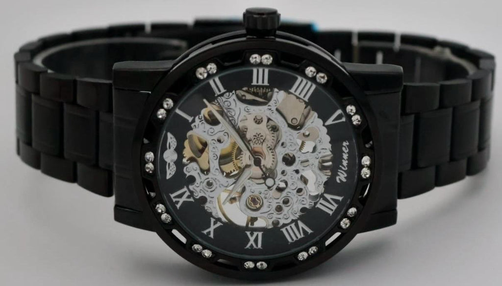 Winner Herren Uhr Mechanisch Handaufzug Skelettuhr Schwarz Keramik Look 40mm Neu1