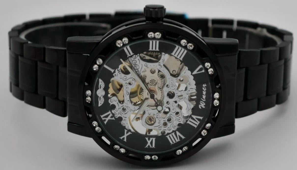 Winner Herren Uhr Mechanisch Handaufzug Skelettuhr Schwarz Keramik Look 40mm Neu1