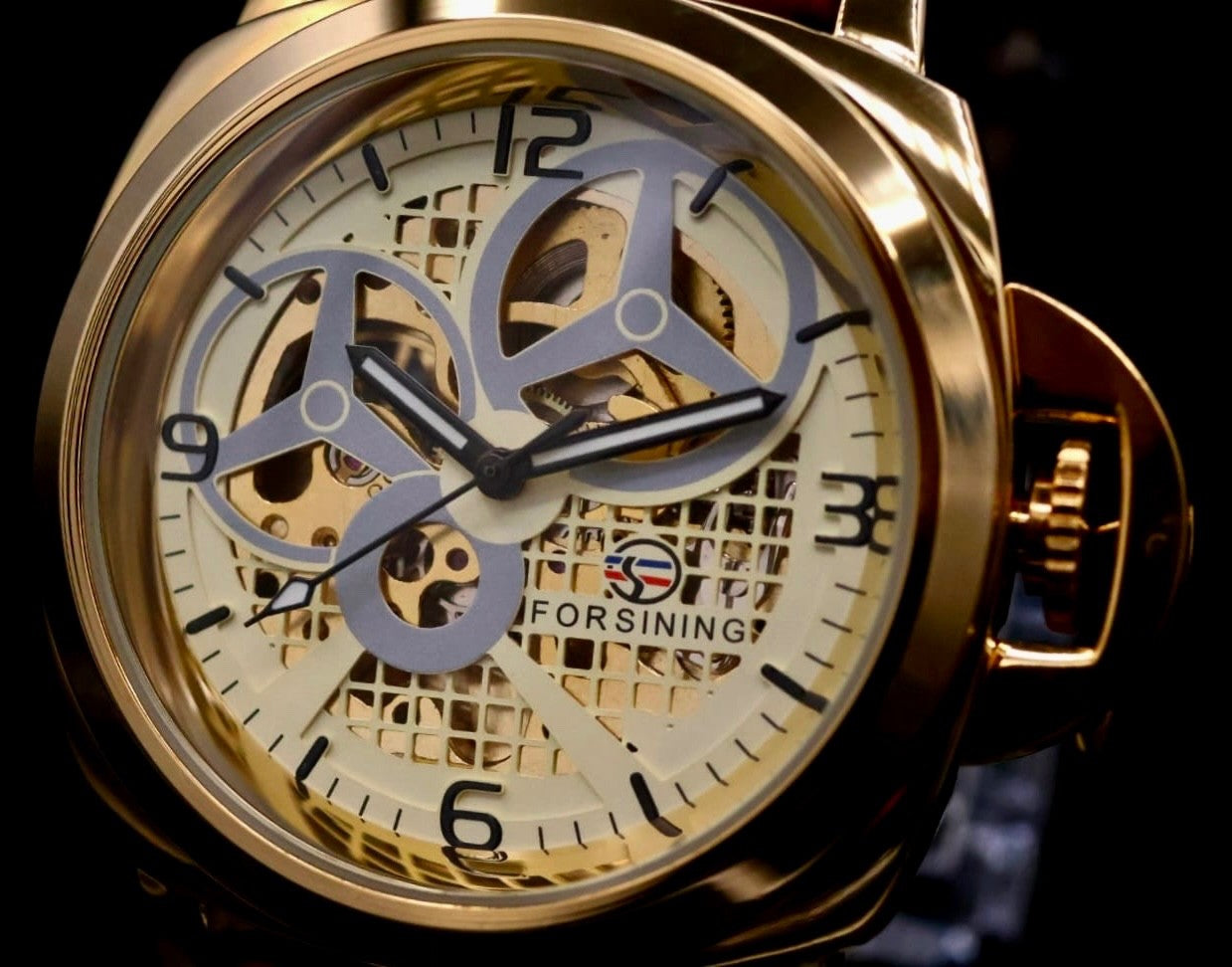 Mega Edle Forsining Herren Männer Automatik Uhr Gold Farben mit Lederarmband1