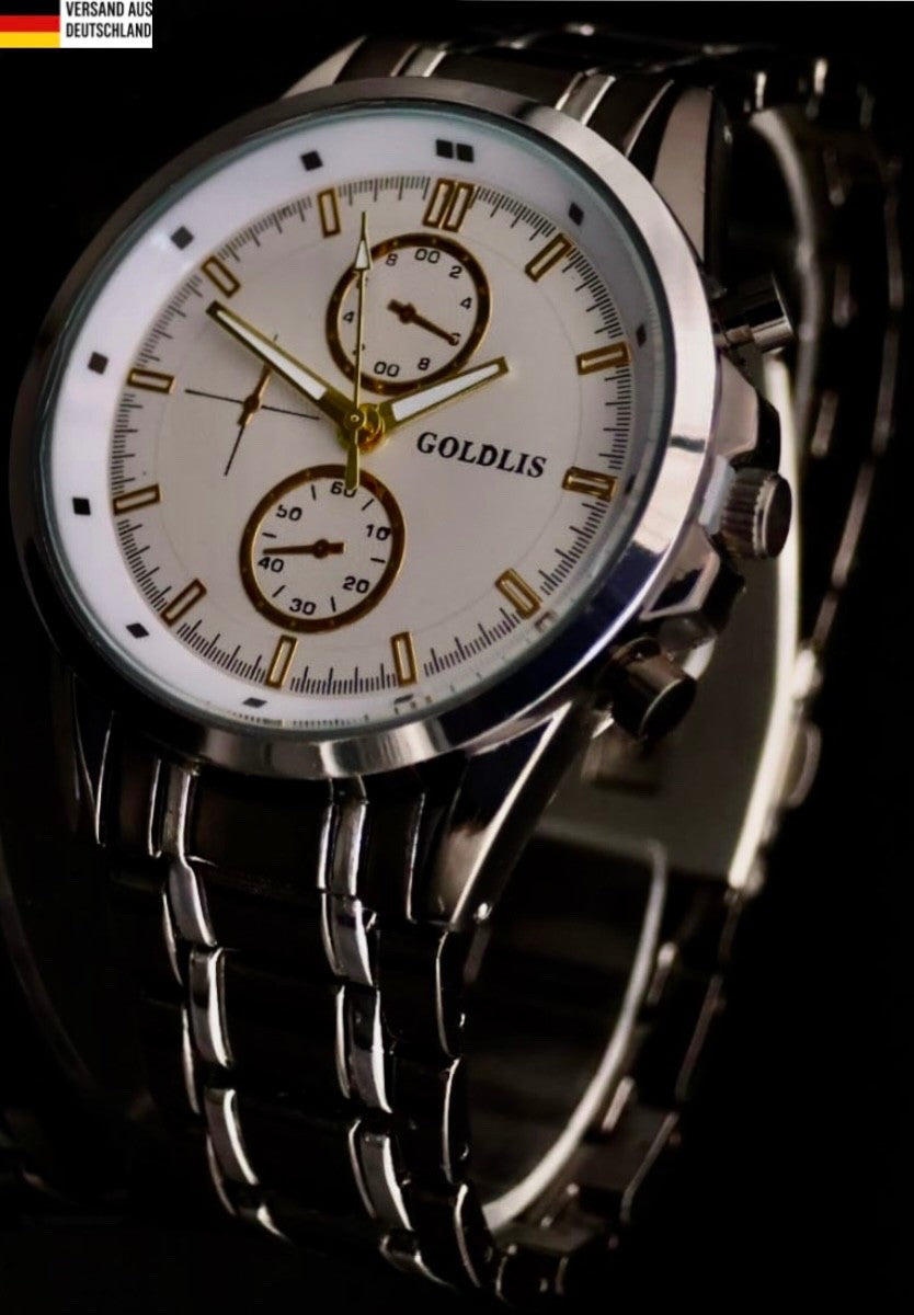 Edle Herren Armband Männer Uhr  Schwarz Silber Farben Chrono Look Bicolor0