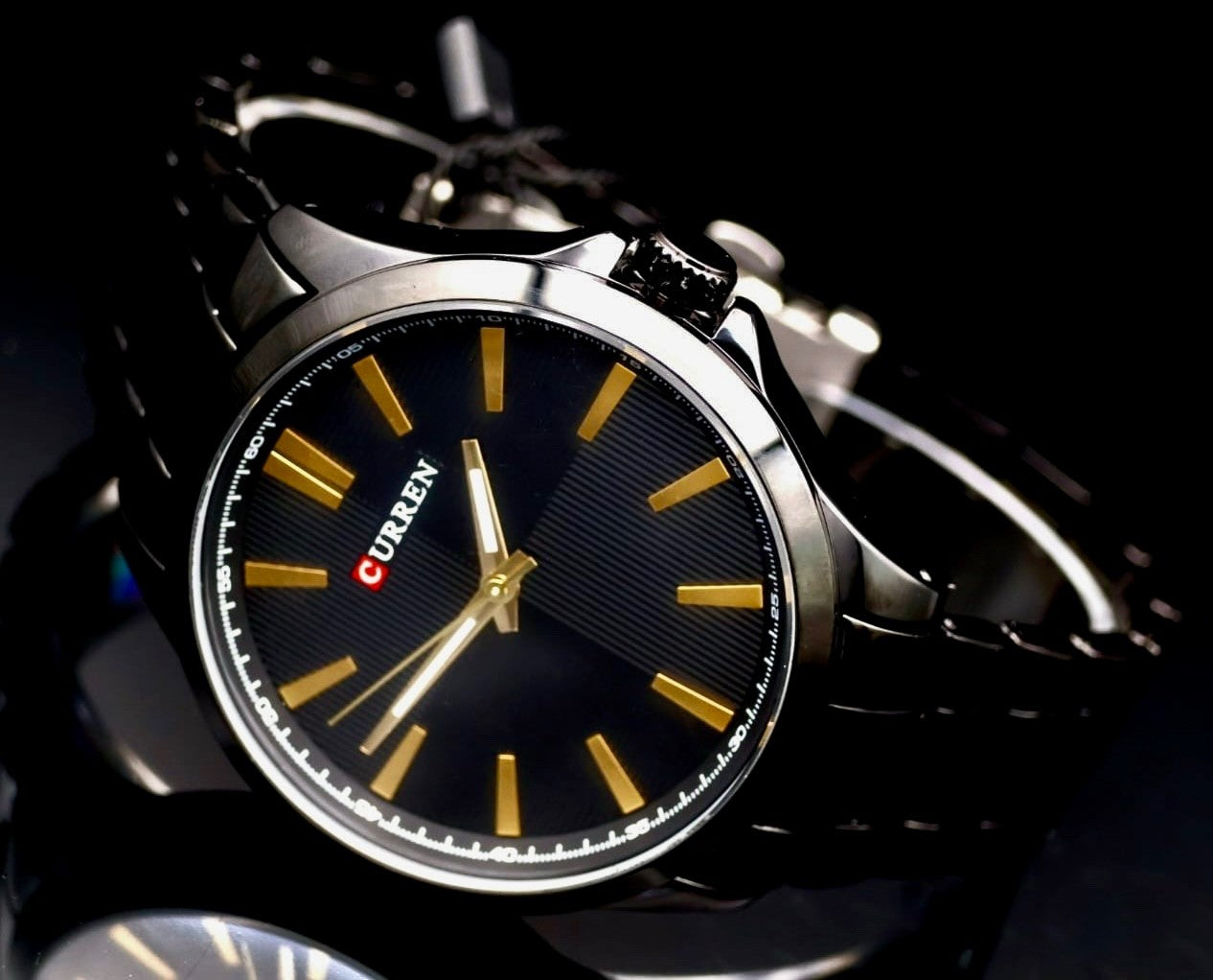 Edle Herren Männer Uhr Armbanduhr Schwarz Gold Farben Keramik Look & Leuchzeiger1