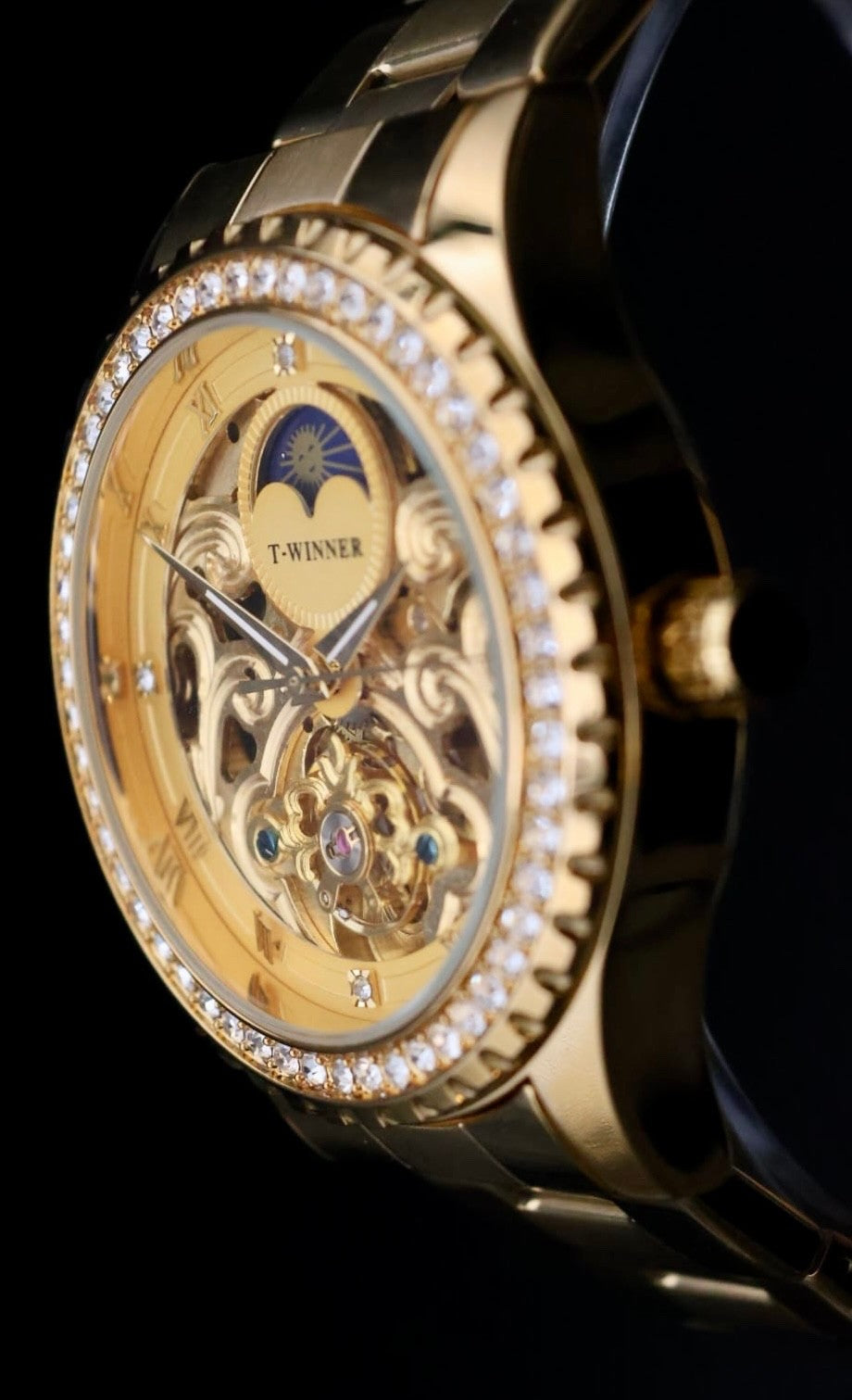 Mega Winner  Herren Automatik Armband Uhr Gold Farben mit Strass + offene Unruh3