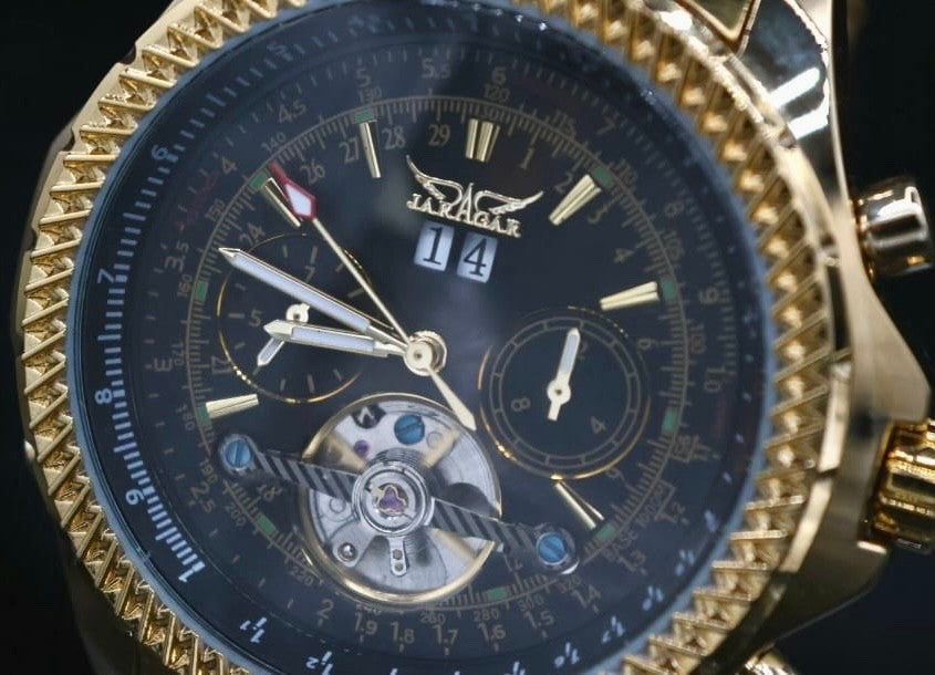 Mega edle JARAGAR Herren Automatikuhr Herrenuhr Schwarz Gold Farben Offene Unruh1