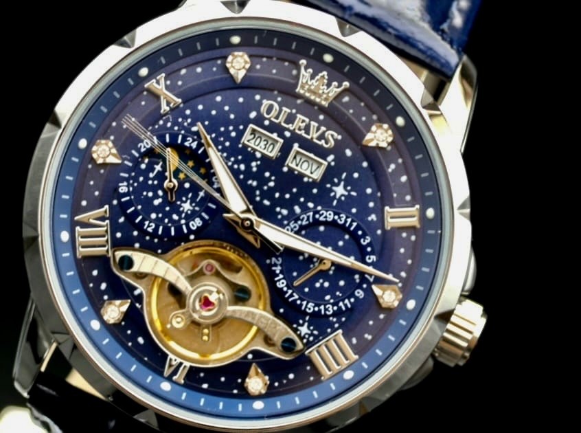 OLEVS Herren Automatik Uhr Herrenuhr Blau Schwarz Farben mit Lederband Kalender3