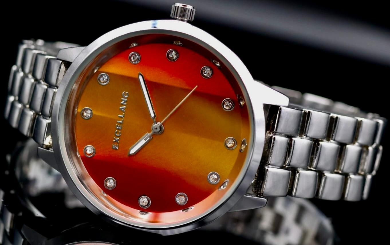 Excellanc Damen Armband Uhr Orange Rot Silber Farben Damenuhr  Strass2