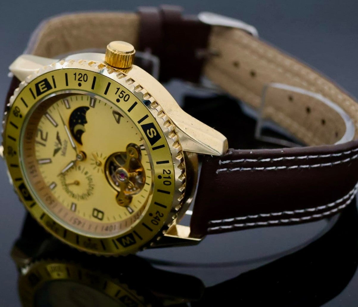 Mega Edle Herren Uhr Automatikuhr Armbanduhr Minoir Herrenuhr mit Lederband TOP1