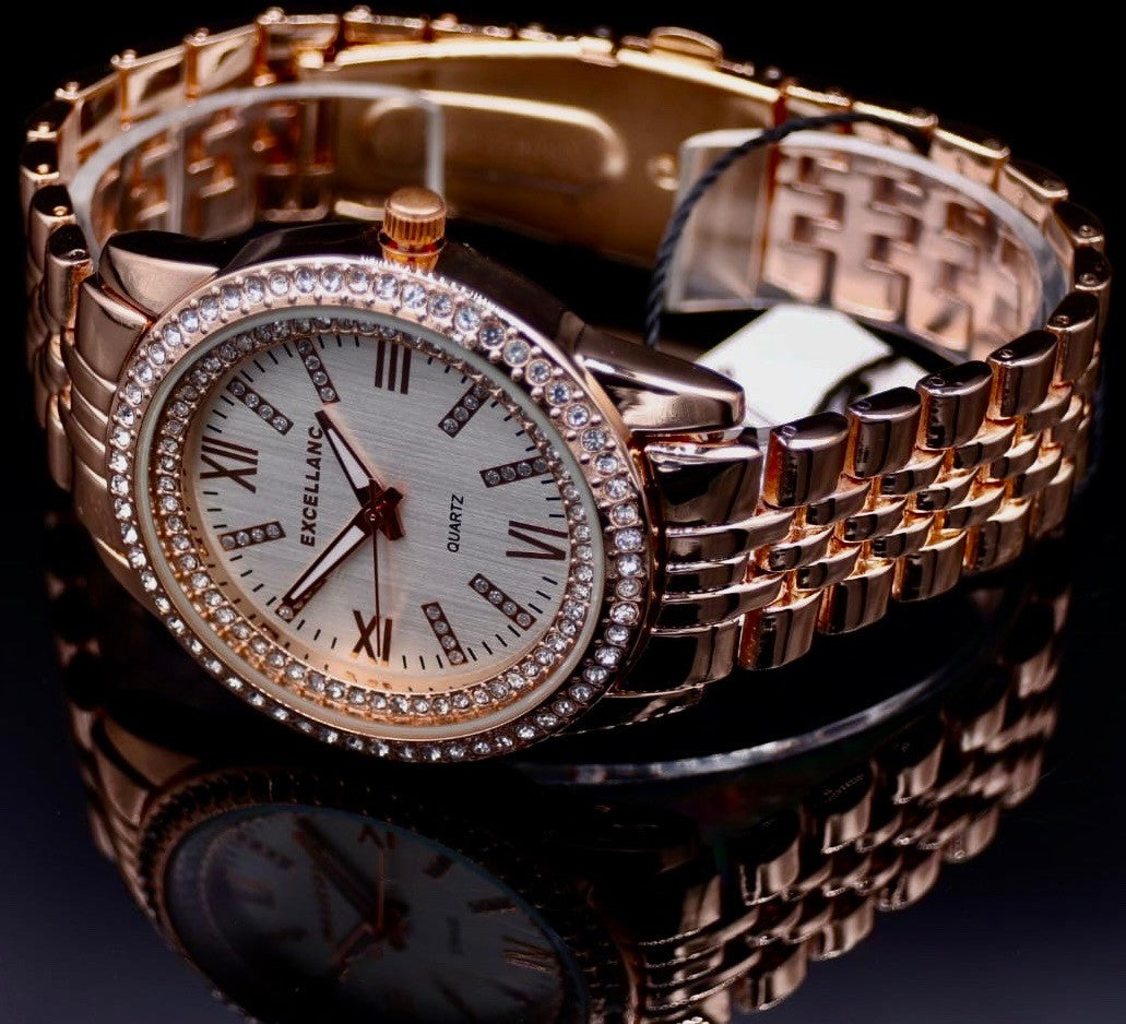 Excellanc Damen Frauen Armbanduhr Weiß Rosé Farben Damenuhr Mineralglas Strass1