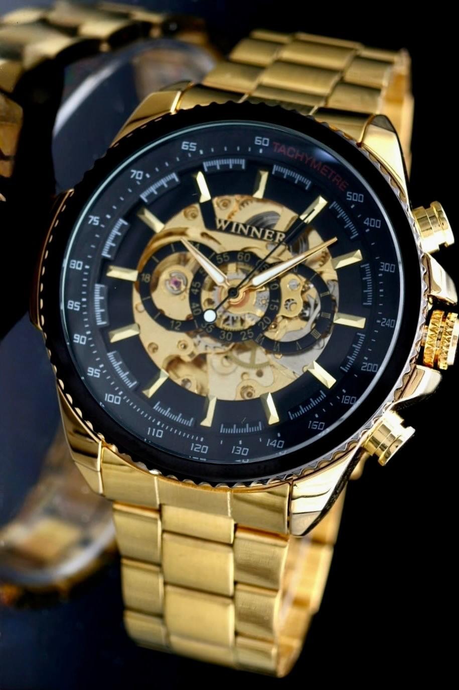 T-Winner Herren Automatikuhr Gold Schwarz Mechanisch Edelstahl Skelett Uhr Luxus0