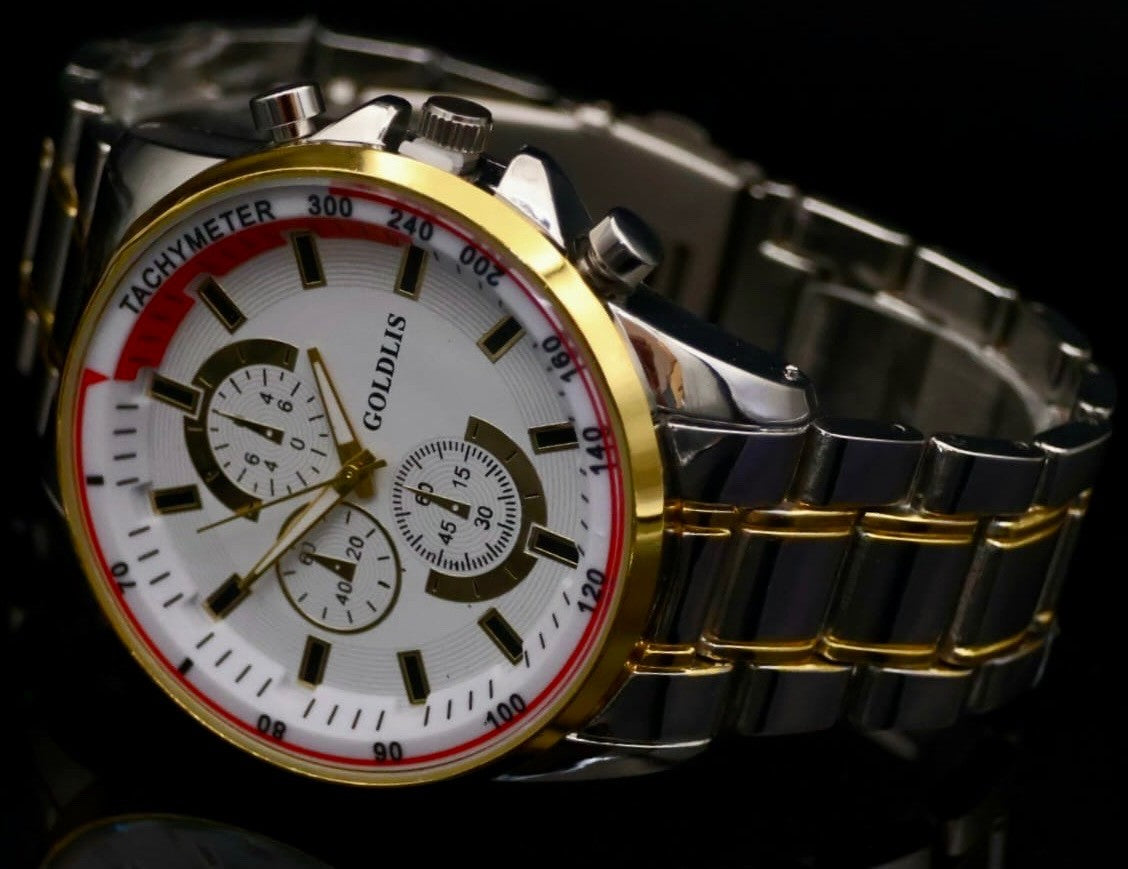 Herren Armband Männer Uhr  Silber Gold Farben Chrono-Look Bicolor*1