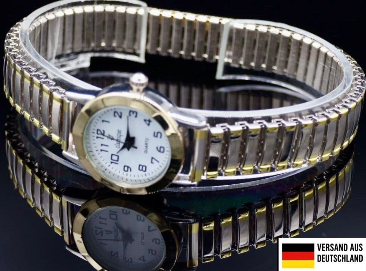 Classique Damen Frauen Armband Uhr Weis Gold Bicolor Farben Edelstahl Zugarmband0