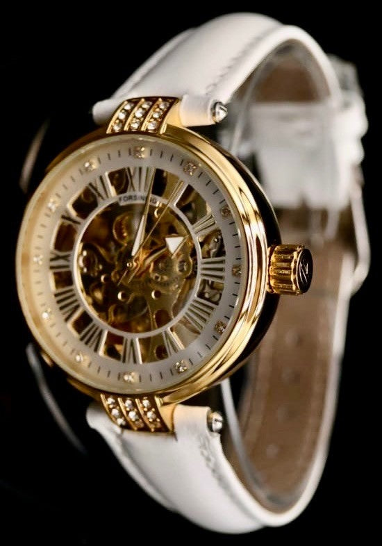 Exklusive Damen Automatik Uhr Damenuhr Gold Weiß Farben mit offener Unruh NEU1