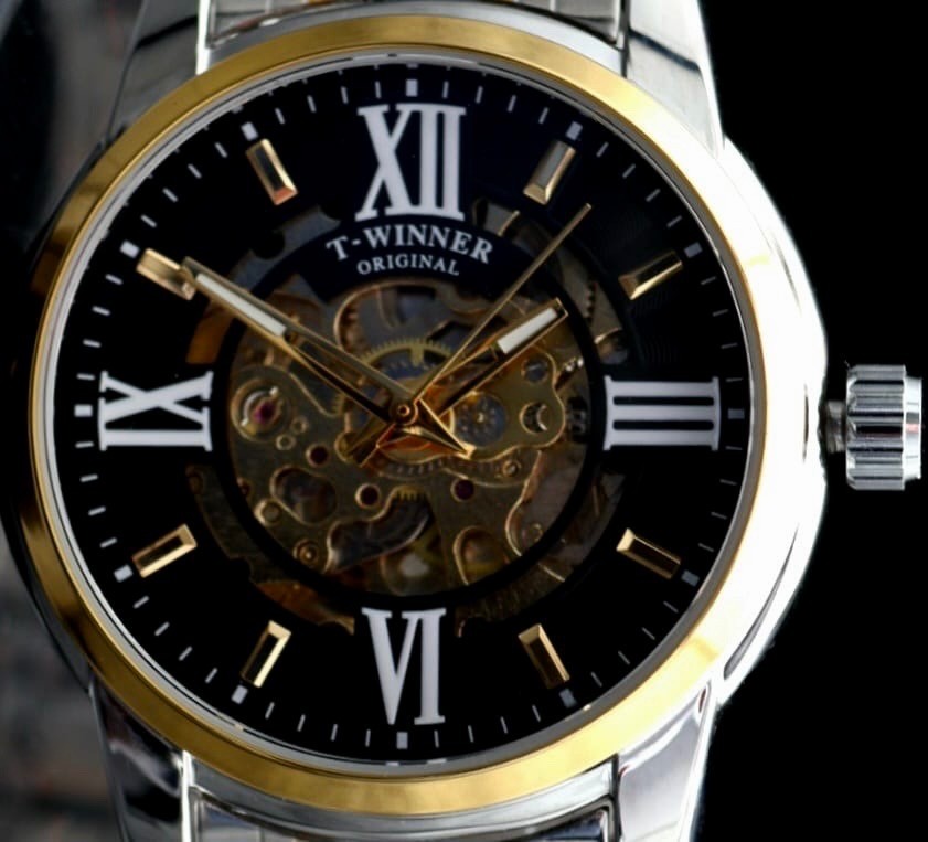 T-WINNER Herren Automatikuhr Silber Bicolor Schwarz Skelett Uhr Edelstahl0