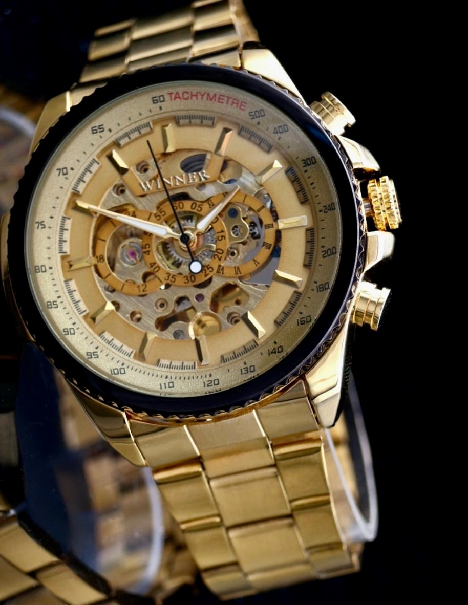 T-Winner Herren Automatikuhr Gold Mechanisch Edelstahl Skelett Uhr Leuchtzeiger0