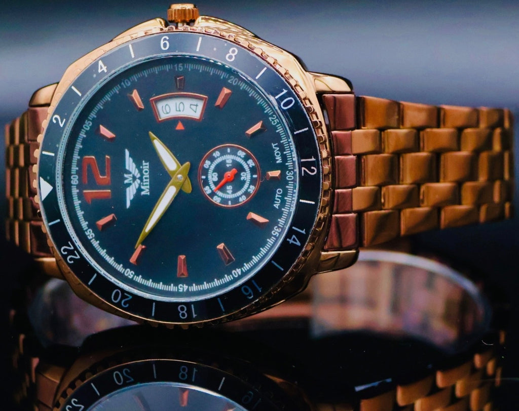 Edle Herren Männer Uhr Automatik Armbanduhr Minoir Rosé Herrenuhr Datumsanzeige1