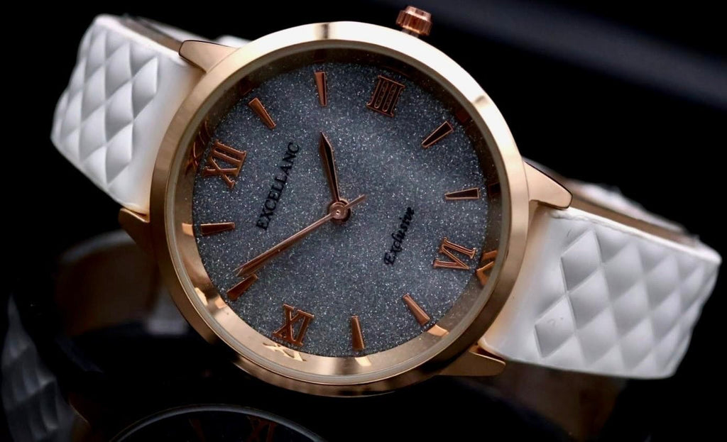 Excellanc Damen Frauen Armband Uhr Roségold Weiß Damenuhr Strass Slim1