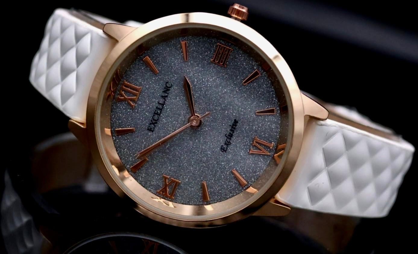 Excellanc Damen Frauen Armband Uhr Roségold Weiß Damenuhr Strass Slim1