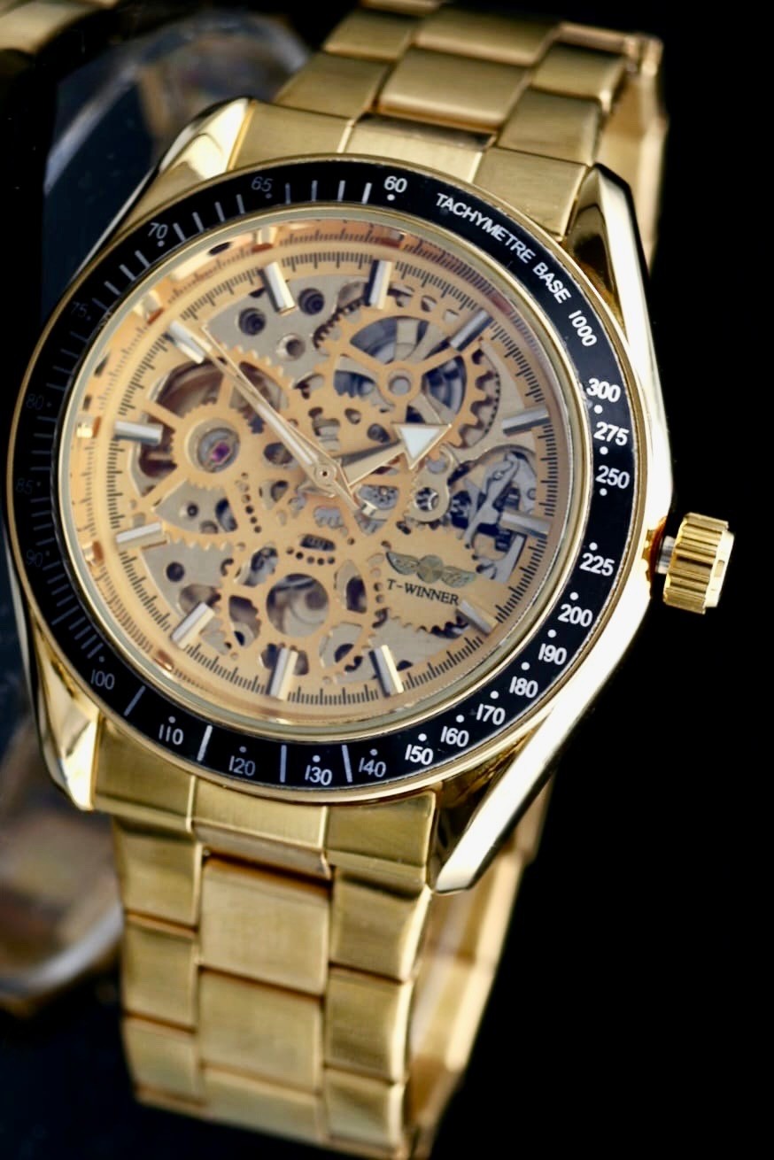T-Winner Herren Automatikuhr Gold Mechanisch Skelett Uhr Edelstahl Luxus Design1