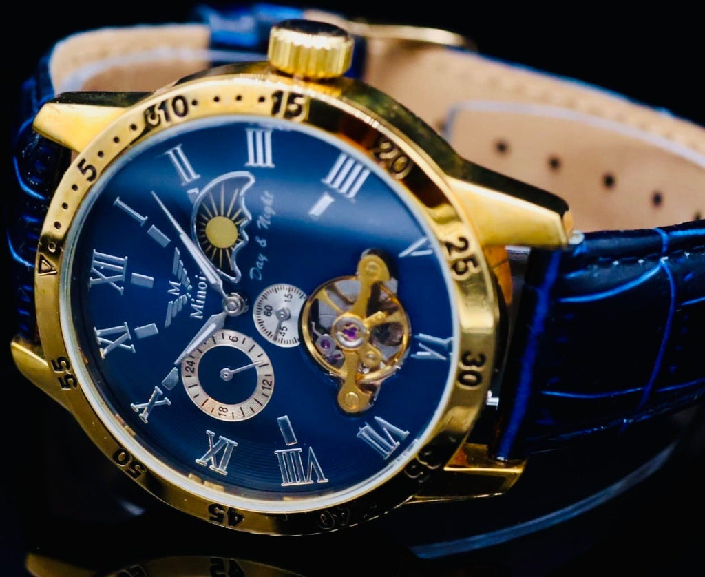 Minoir Herren Uhr Automatikuhr Armbanduhr Gold Blau Farben Herrenuhr Lederband0