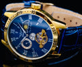 Minoir Herren Uhr Automatikuhr Armbanduhr Gold Blau Farben Herrenuhr Lederband0