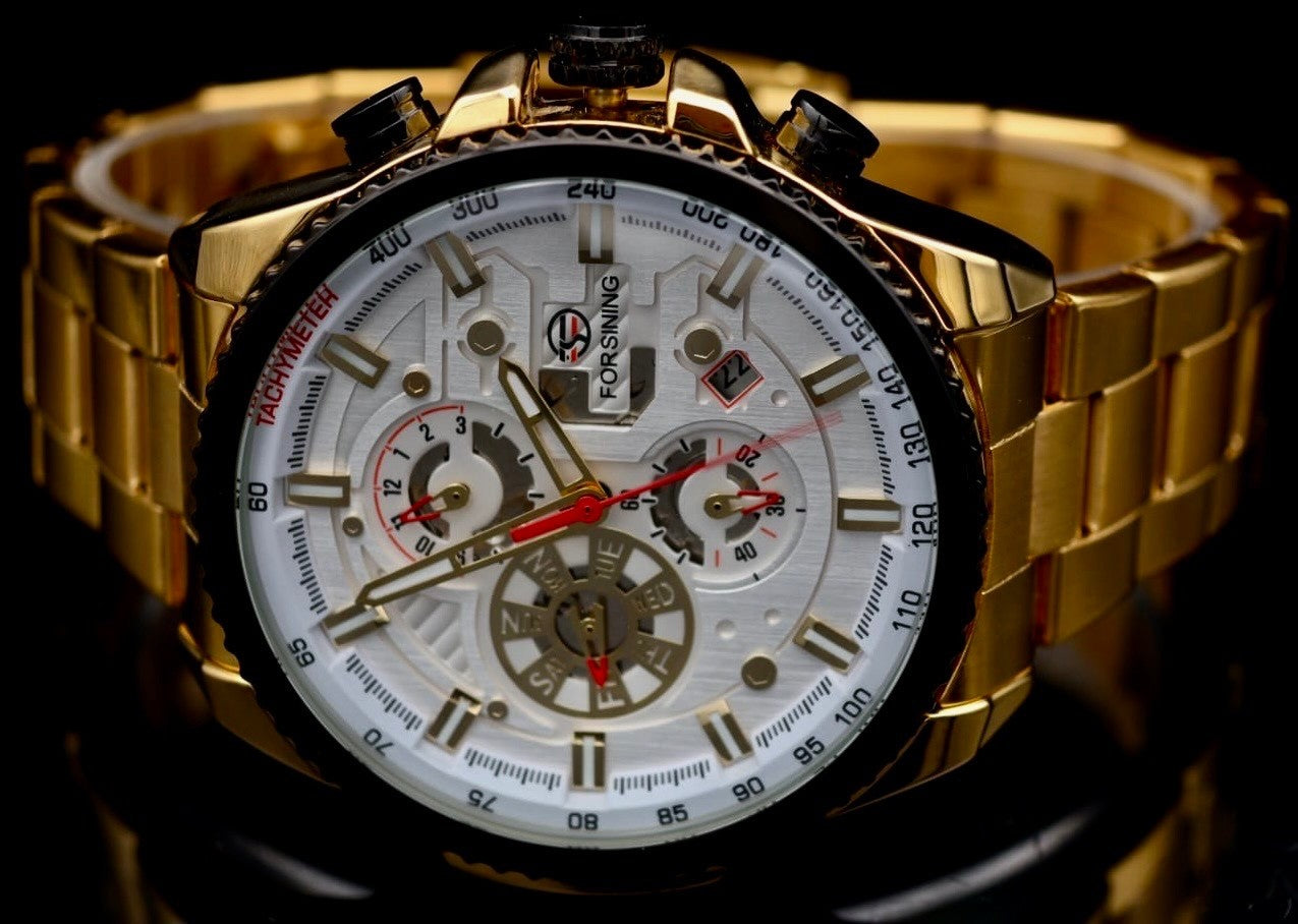 Exklusive Herren Männer Automatik Uhr Weiß Gold Farben Chronographenfunktion NEU2