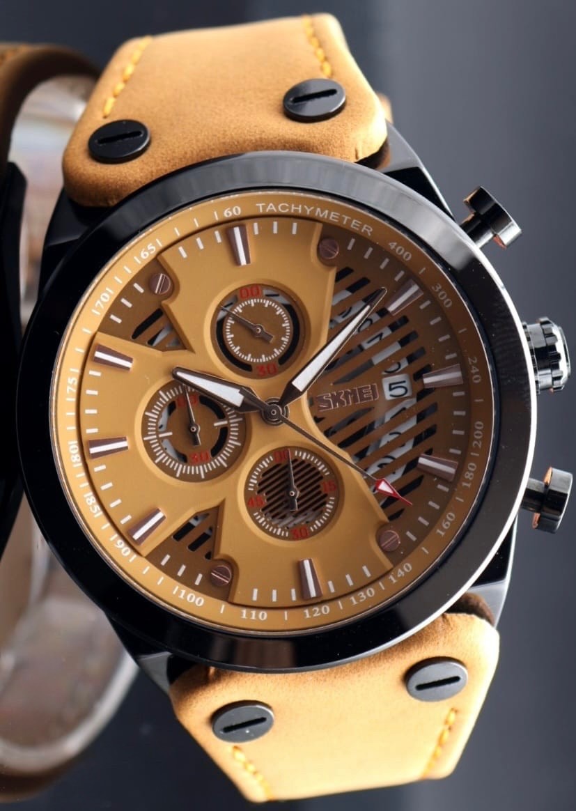 SKM - HERRENUHR - CHRONOGRAPH - DATUM - STOPPUHR - BRAUN - LEDER - 48MM - NEU0