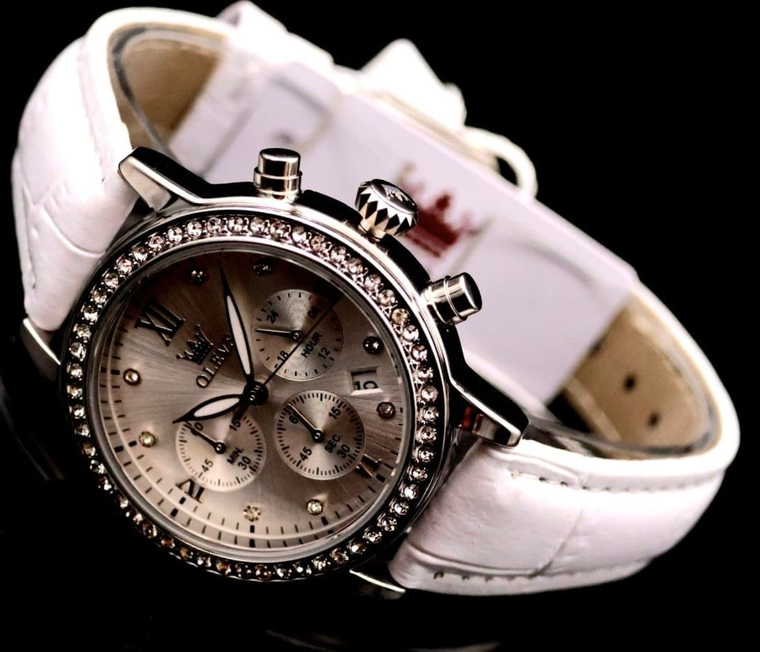 Mega Edle Damen Armband Uhr Chronograph Stoppuhr Datum Strass NEU0