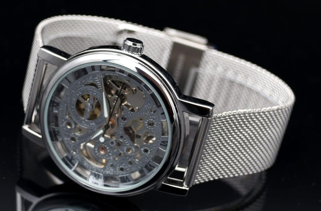 Elegante Herren Männer Automatik Uhr Silber Farben mit silbernem Mesh Band NEU1