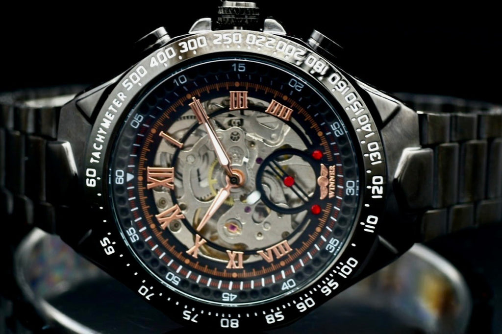 T-Winner Herren Automatikuhr Schwarz Mechanisch Skelett Uhr Edelstahl Luxus 48mm0