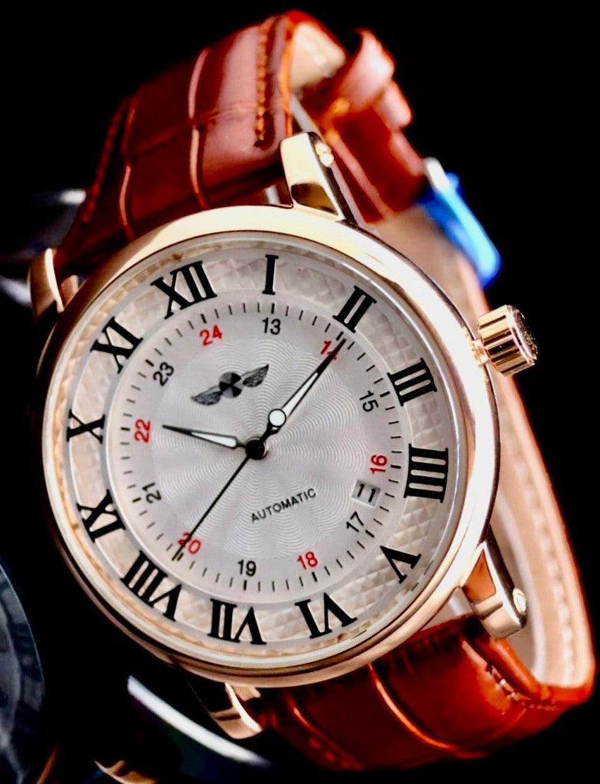 WINNER - HERREN - AUTOMATIK - UHR - DATUM - LEDER - BRAUN - 44MM - NEU0