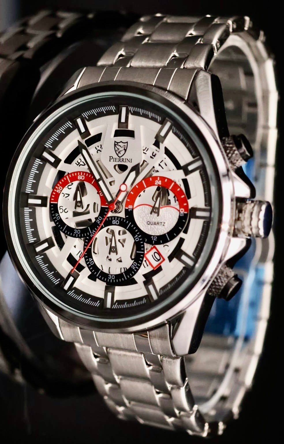 Mega Edle Pierrini Herren Armband Uhr Chronograph Stoppuhr Datum Silber Farben**0