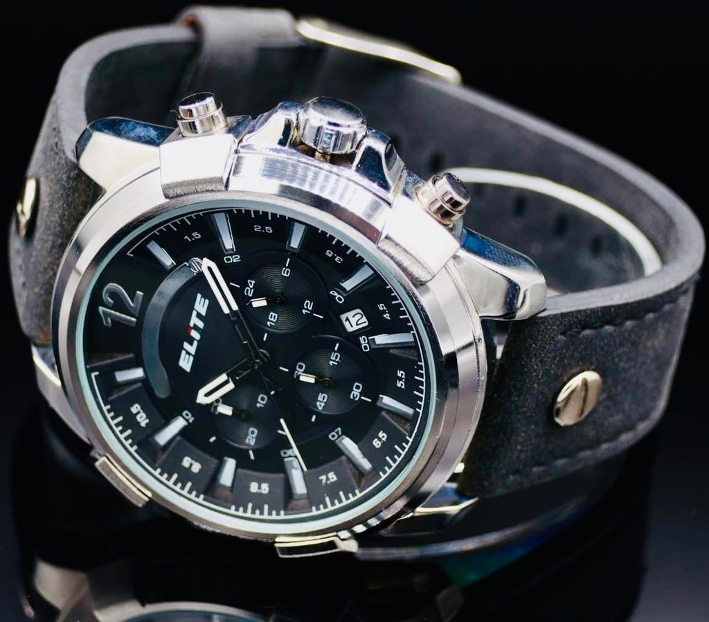 Elite Herren Armband Uhr Chronograph Datum  Schwarz Silber Farben Flieger-Design1