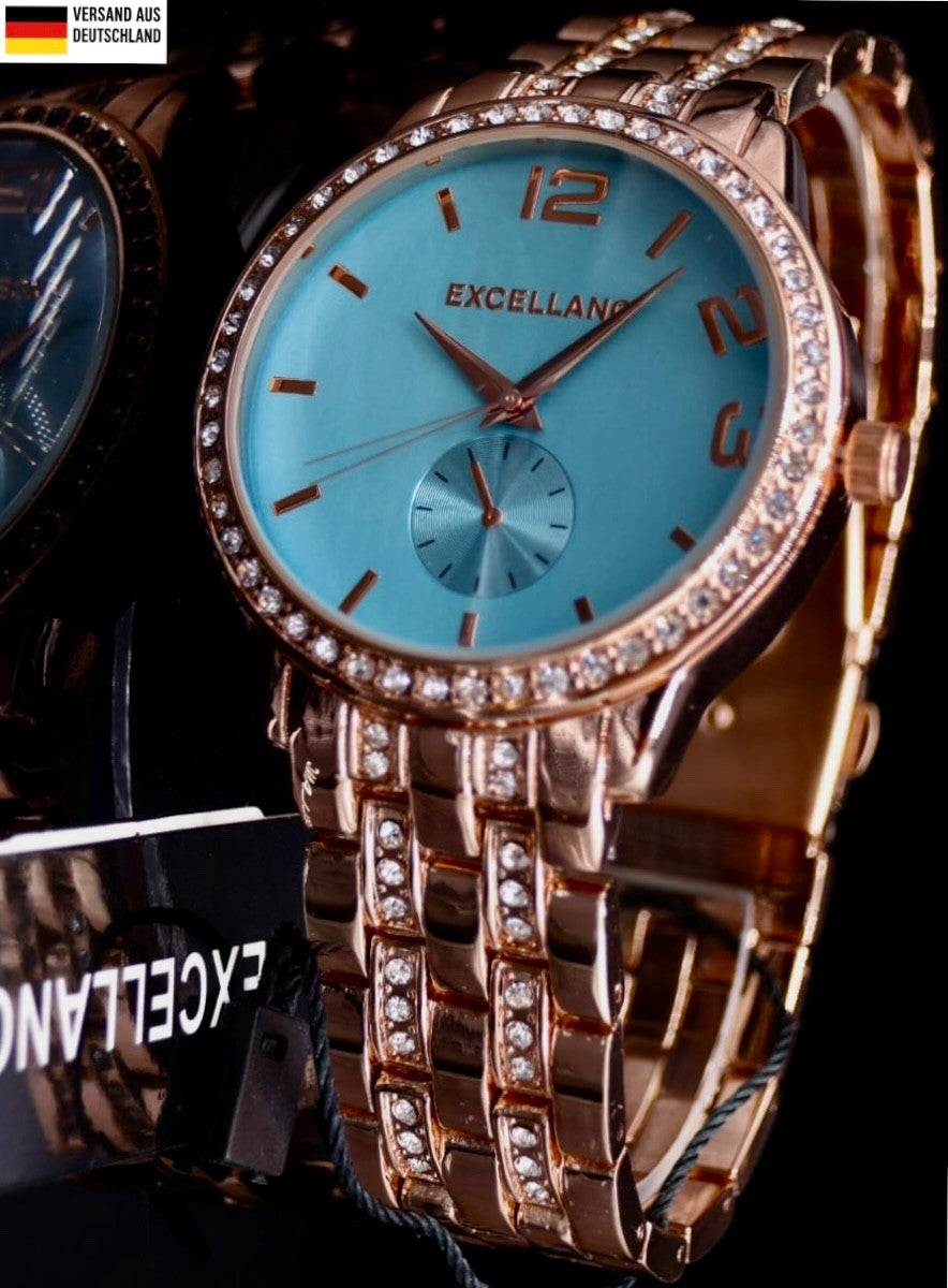Excellanc Damen Frauen Armband Uhr Blau Roségold Farben Damenuhr Strass *NEU*0